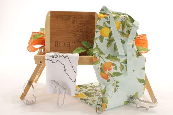 One of our many Florida-theme gifts.  This one includes kitchen essentials including a citrus print apron