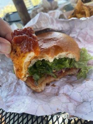 Fried Raviloi and Bean Burger with hot Siracha sauce.