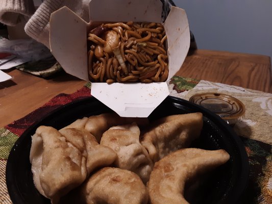 Chow mein and dumplings the way you want them, delicious.