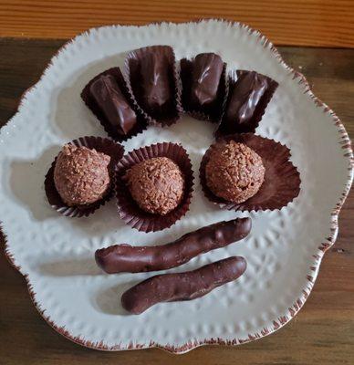 Dark chocolate raspberry jellies, milk chocolate coconut clusters, dark chocolate covered orange peels