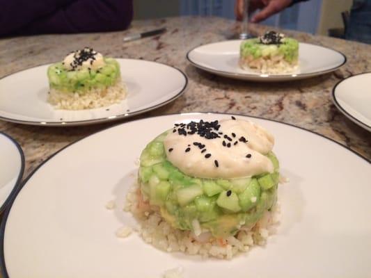 Paleo cucumber shrimp avocado stacks with cauliflower rice