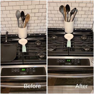 Before and after of this beautiful stove top! Wasn't very dirty to begin with, but it was shining when I was done!