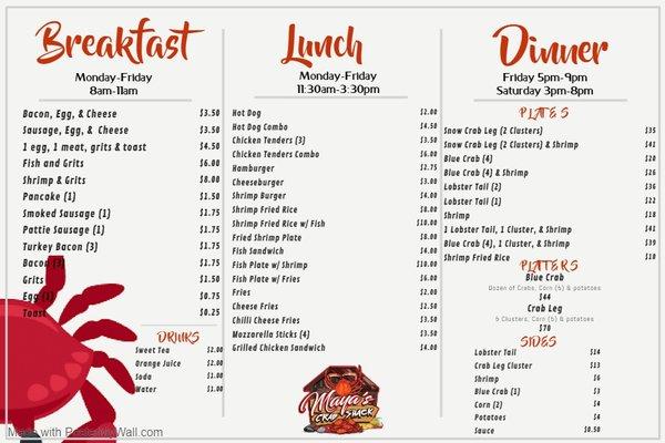 Breakfast, lunch, and dinner menu