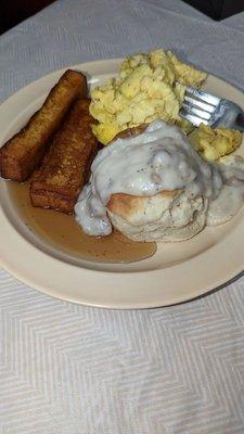 Breakfast Buffet Saturday and Sunday mornings until 11am.  Eggs, Grits, Pancakes, Bacon, Sausage links & patties, Biscuits & Gravy and more.