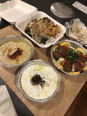 Tzatziki Plate, wheat bulgar, Baba Ghanoush Plate, AMS Gyro Dinner- everything was delicious!!!