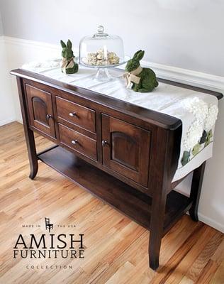 Our Carlisle has beautiful arched raised-panel doors, curved shaker legs and is shown here with a coffee stain on maple wood.