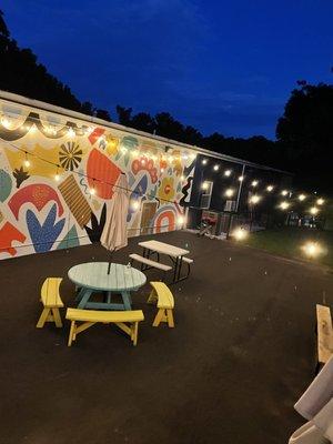 Outdoor patio area at night