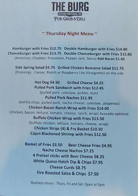 Thursday Night Menu