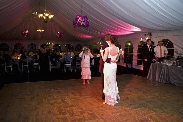 Parquet Dance Floor with Full Gathered Tent Liner and Chandeliers