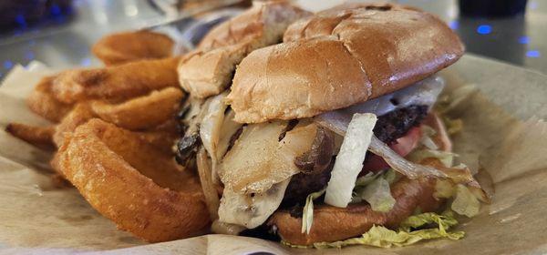 Mushroom burger with onion rings