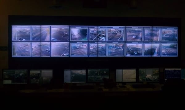 The video wall showing traffic cameras.