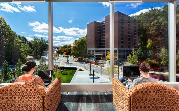 Study lounge with window facing the main road to campus