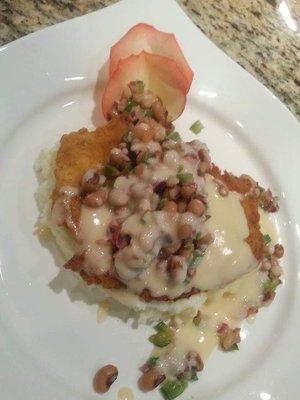 Pounded Southern Fried Chicken  w/ Black Eye Pea Salsa and Garlic Wine Beurre Blanc