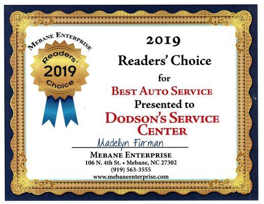 2019 Mebane Enterprise Readers Choice  for Best Auto Service