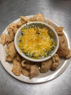 Southern collard dip with fried pork skins! This is a specialty appetizer.