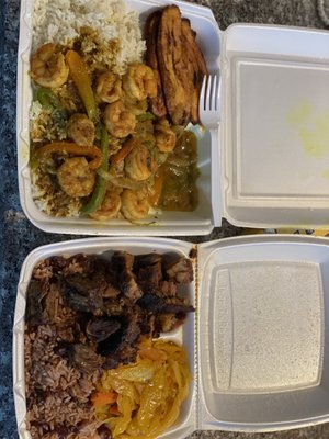 Large Jerk Shrimp Platter and Medium Grilled Jerk Pork Platter. Fork for scale.