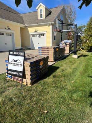 Powell Roofing Company has the material staged for another installation.  Call us today to discuss your home roofing project. 614-928-2085