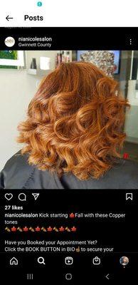 The picture of the pretty ginger hair color she did on a previous client I told her I wanted.