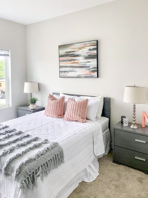 Bedroom with plush carpeting