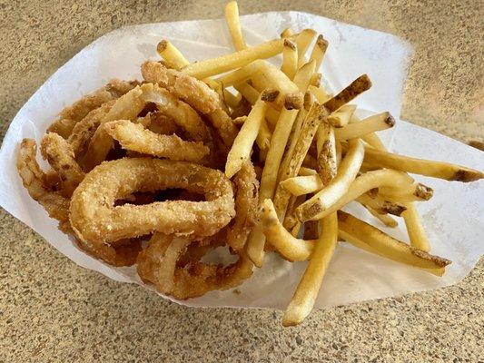 The best idea at Ted's Hot Dogs "THE SPLIT " half onion rings and half french fries $4.69