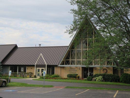 Exterior of the church from the front parking lot.  There is also parking behind the building-- and an elevator connecting levels.