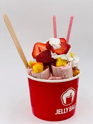 Strawberry Shortcake - strawberry ice cream with fresh strawberries, yellow lemon cake, whipped cream and strawberry drizzle