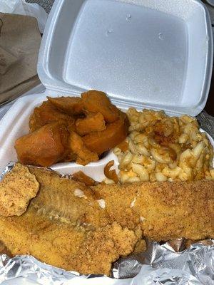 Fried haddock, yams, and Mac & cheese