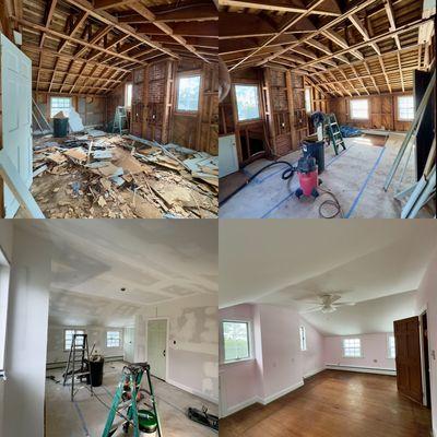 Complete bedroom restoration. Demo old plaster, insulation installed, new drywall, and painted