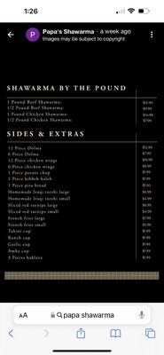 New Mediterranean restaurant, just opened a week ago. Current menu and prices.