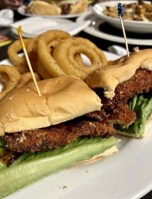 Fried Chicken Sub w/ General Tso sauce & onion rings