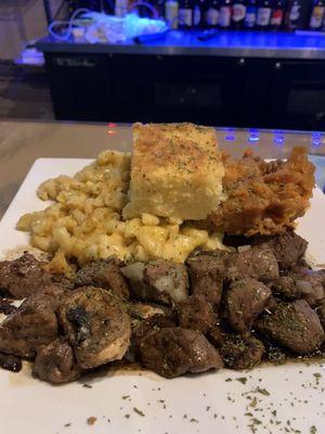 Steak bites, Mac and cheese, yams