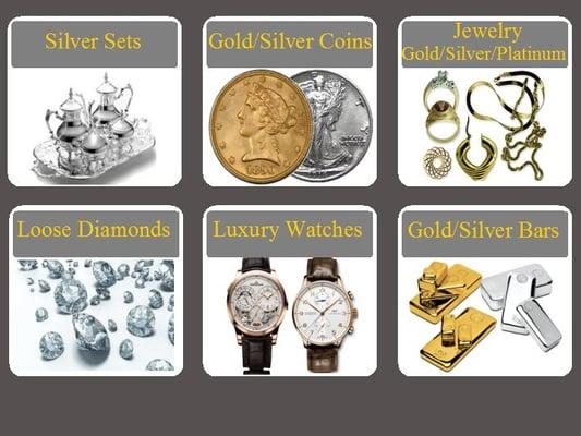 We buy all precious metals,precious gems,silver/gold coins,fine watches, and jewelry estates.