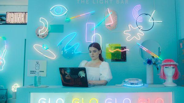 NAME GLO Studio | Front Desk + Traditional Glass Neon Colors