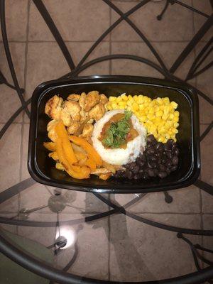 Chicken Burrito Bowl w/Black Beans, Corn, Peppers/Onions, White Rice, Mango/Pineapple Salsa & Cilantro