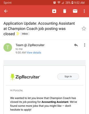 "Position Closed" email I received just a few days after applying with no communication from Champion Coach.