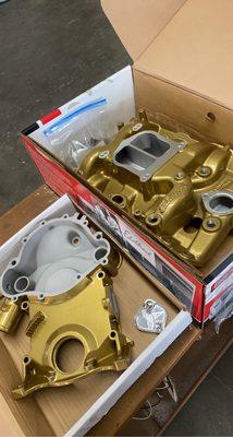 Intake Manifold and Timing Chain Cover in Spanish Gold with Gloss Clear