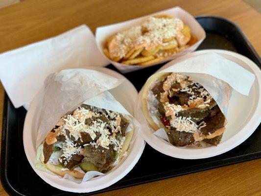 Lamb Gyro and spicy garlic + feta fries