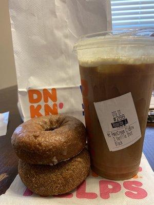 pumpkin spice & apple cider donuts with cold brew and pumpkin cold foam!