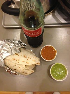 Burrito al pastor (pork). Delicious sauces (esp. Guacatillo). Glass bottle Coke.