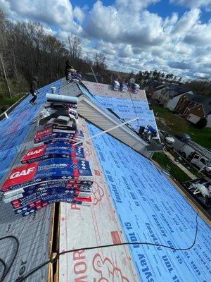 Synthetic underlayment prior to shingles being installed.