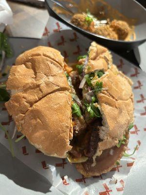 Chicharrón sandwich and oxtail croquettes