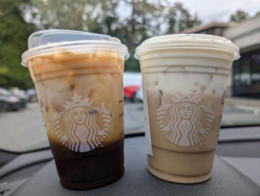 Iced hazelnut oat milk shaken espresso, iced chai latte with Oleato golden foam