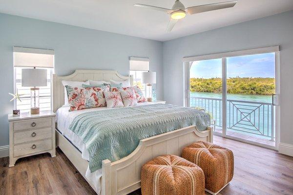 Master bedroom waterfront views from the Tides at Vaca Cut vacation rentals in Marathon, FL.