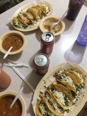 Our order: tacos de bistec, charro beans and 2 Dr. Pepper's.