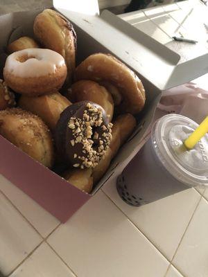 Assorted Donuts and Taro Boba Tea