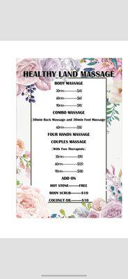 Welcome to Healthy Land Massage Just call make a appointment！Enjoy a relax massage here！