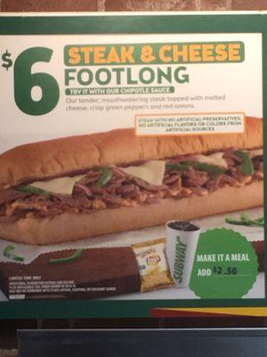 1/3/17. Tuesday lunch. $6 Steak and Cheese footlong! Eff to the yeah!! For a ltd time!