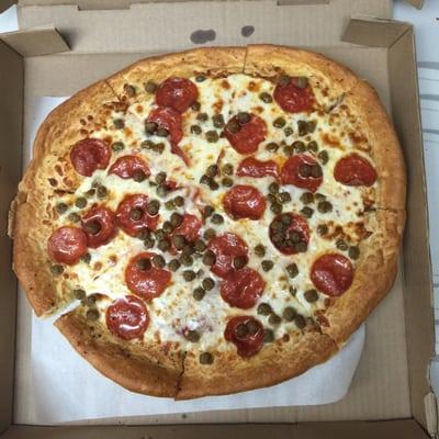 Large pepperoni and sausage pizza