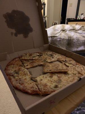 Cold pizza...just delivered. Stuck to the top because the box was smashed.