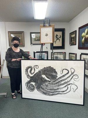 Original life sized gyotaku of a Giant Pacific Octopus caught in the waters off Dutch Harbor, AK.